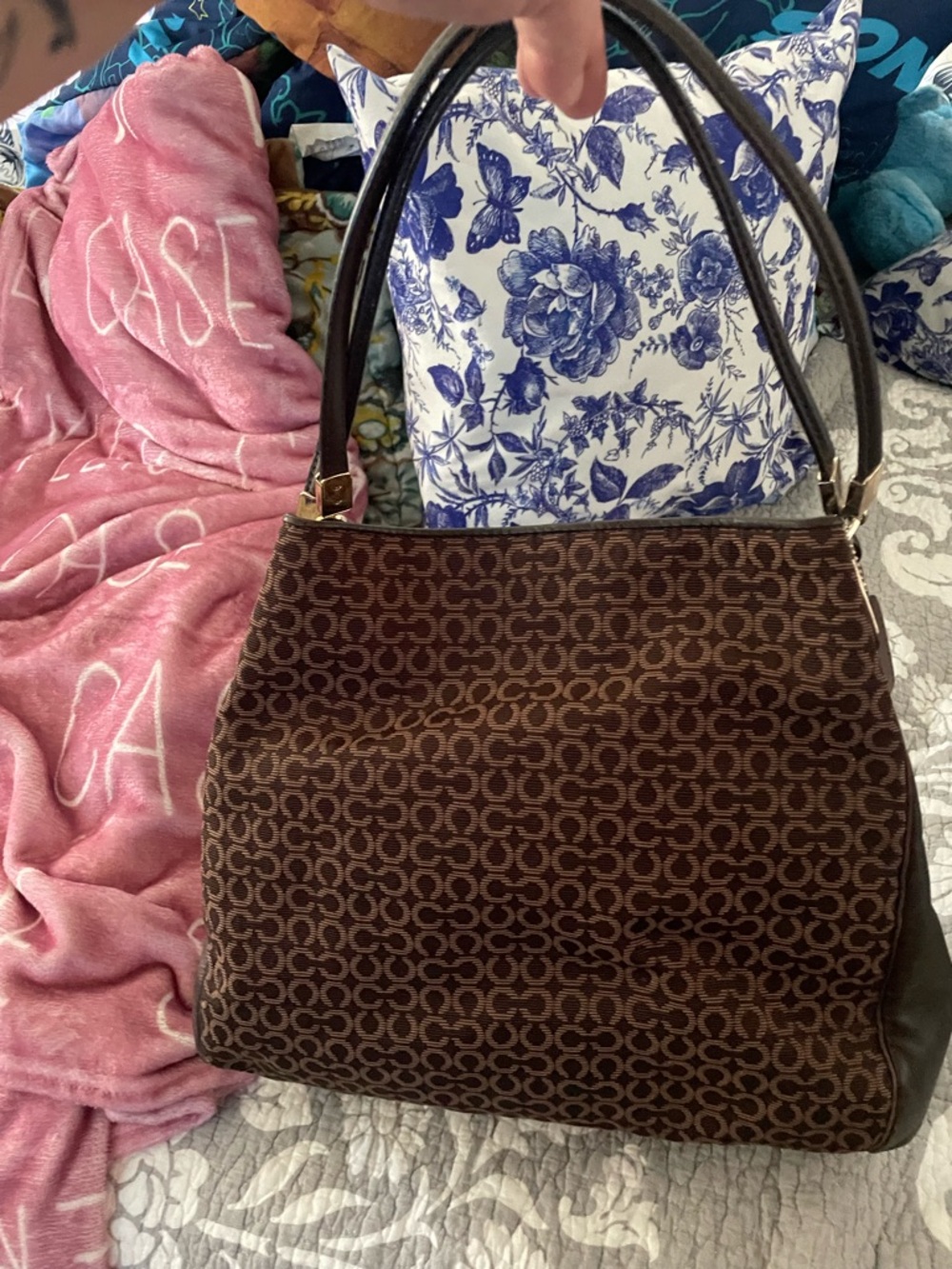 Brown Signature Pattern Shoulder Bag with Dark Leather Handles